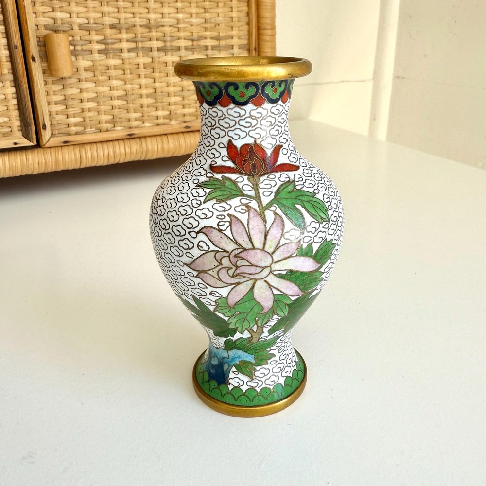 Vintage Cloisonne Vase, Chinese floral enamel brass miniature, small vase